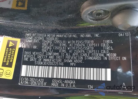 2013 Toyota Highlander Limited V6 from USA, damaged, VIN 5TDDK3EH2DS225146